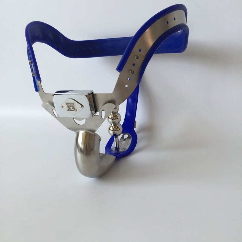 Edelstahl Keuschheitsgürtel für Männer mit Peniskäfig und Analplug BDSM Sexspielzeug Blau